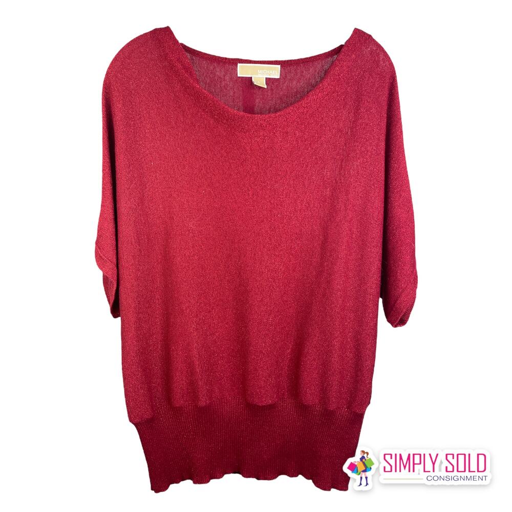 Michael Kors Red Metallic Dolman Sleeve‎ Scoop Neck Ribbed Hem Knit Top Large